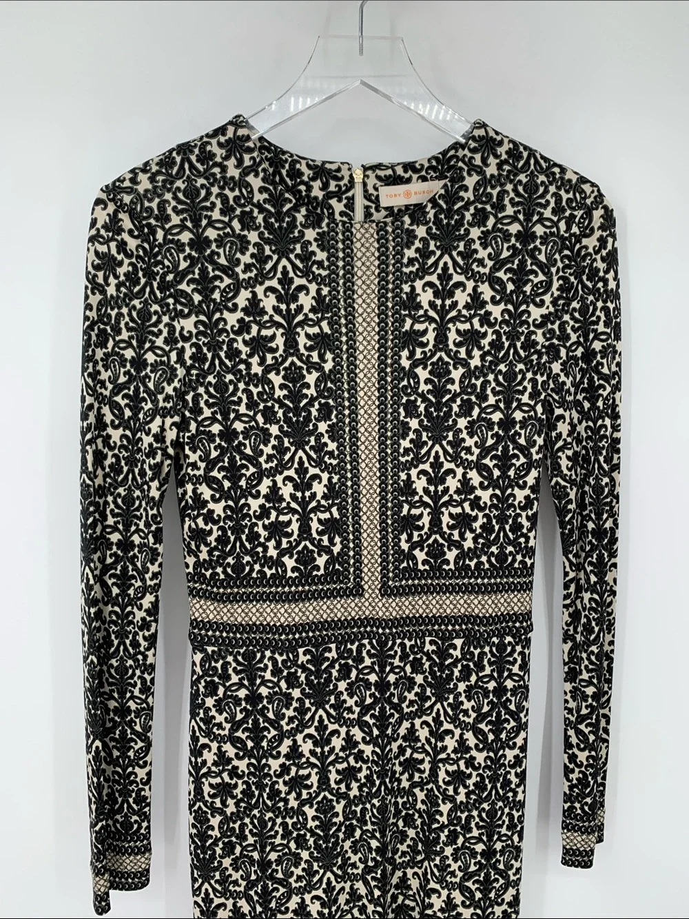 Tory Burch Damask paisley silk jersey shift dress black white pattern Small